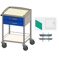 Carrello inox componibile: con due cassetti superiori e due ripiani, battuta e divisori nei cassetti Carrello inox componibile: con due cassetti superiori e due ripiani, battuta e divisori nei cassetti